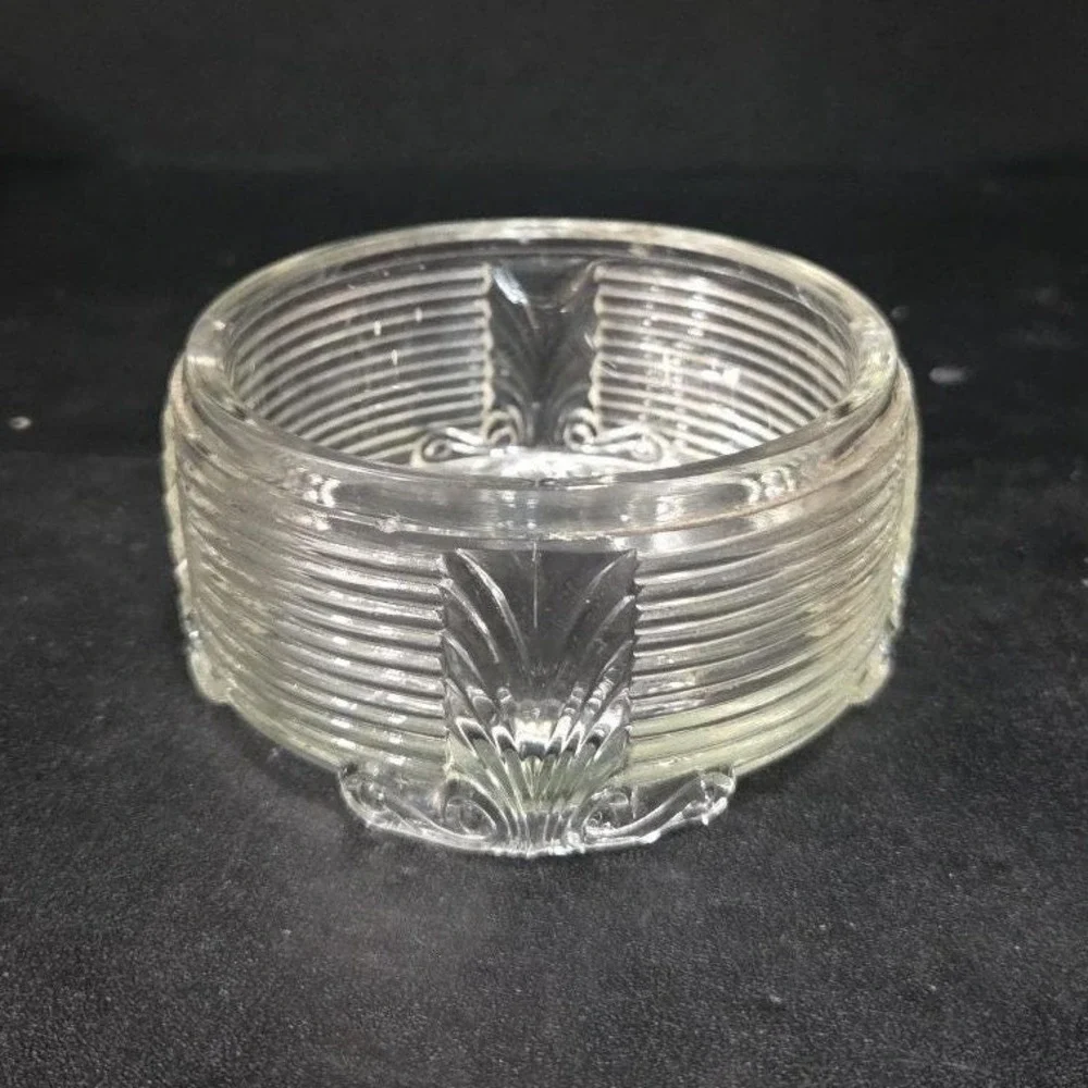 Art Deco Ribbed Glass Powder‎ Dish, Palm Frond Design, Vintage Vanity Decor